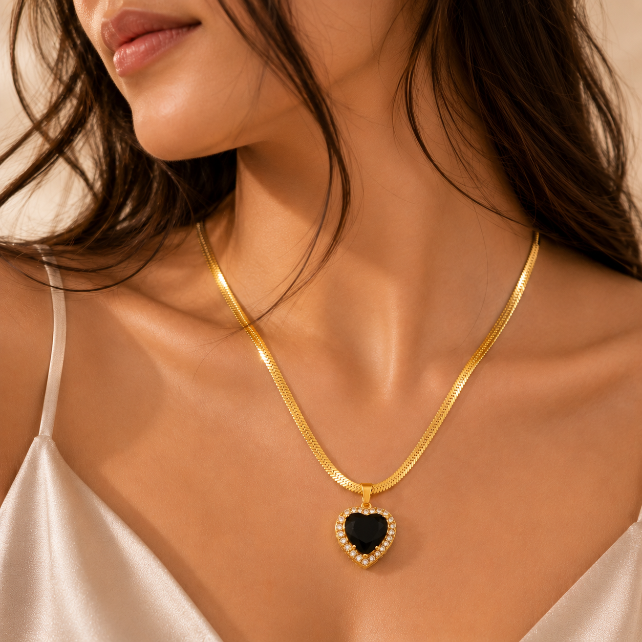 Black Emerald Heart Pendant | Floral Petal