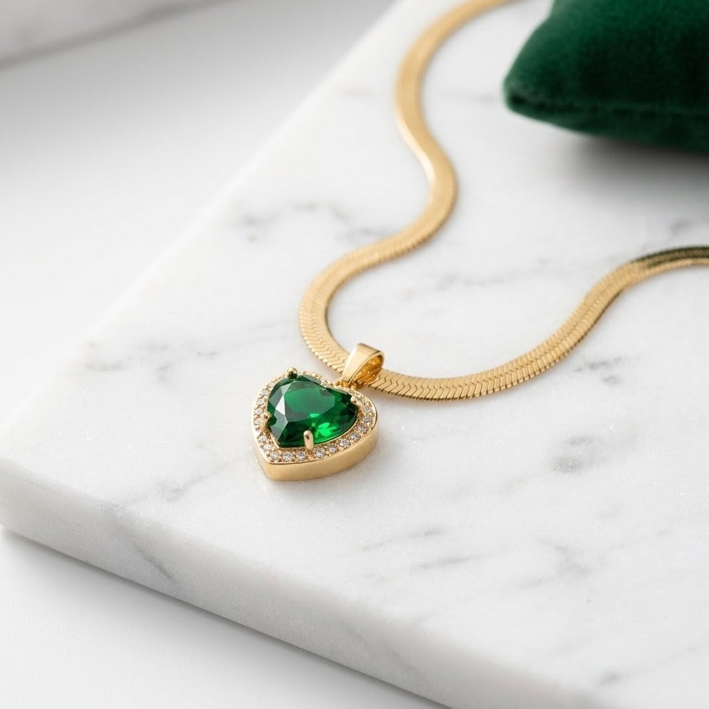 Green Emerald Heart Pendant | Floral Petal Necklace