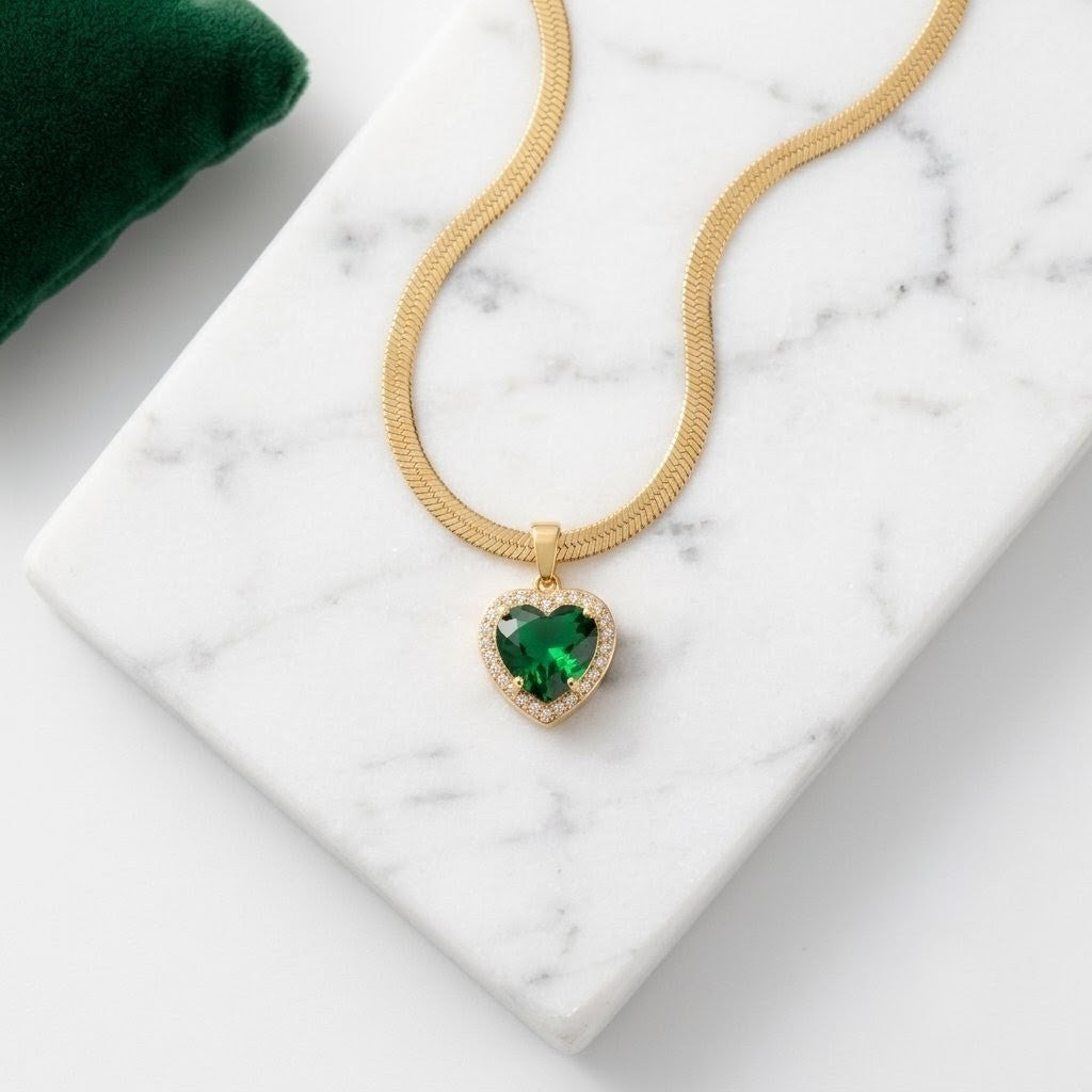 Green Emerald Heart Pendant | Floral Petal Necklace