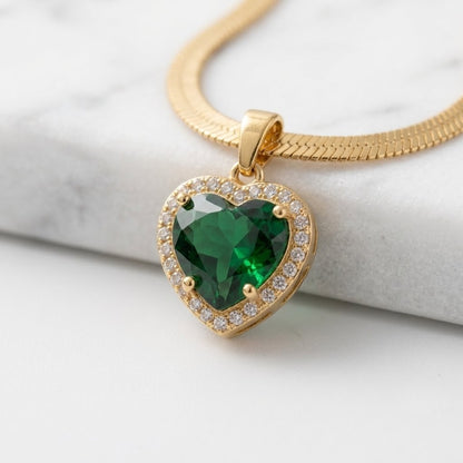 Green Emerald Heart Pendant | Floral Petal Necklace