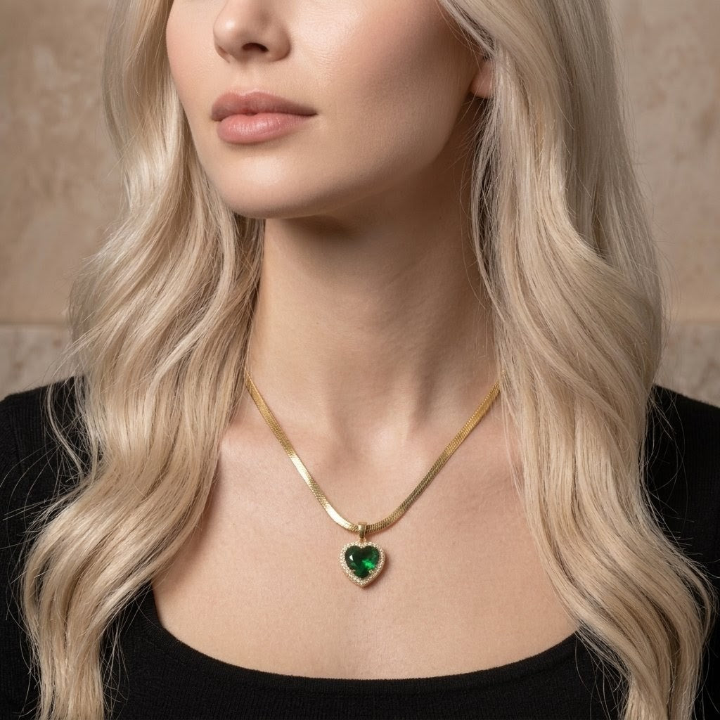Green Emerald Heart Pendant | Floral Petal Necklace