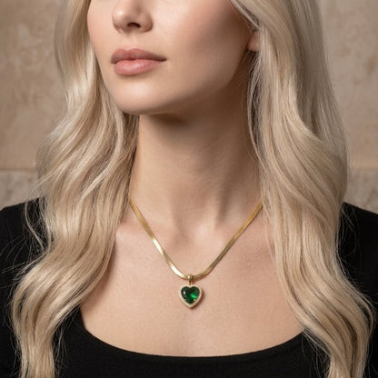 Green Emerald Heart Pendant | Floral Petal Necklace