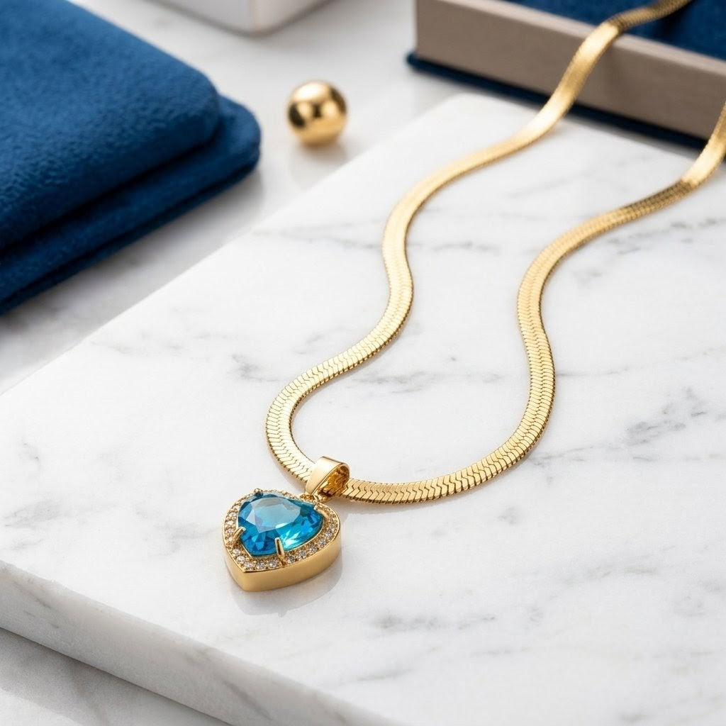Blue Emerald Heart Pendant | Floral Petal Necklace