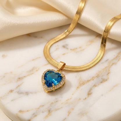Blue Emerald Heart Pendant | Floral Petal Necklace