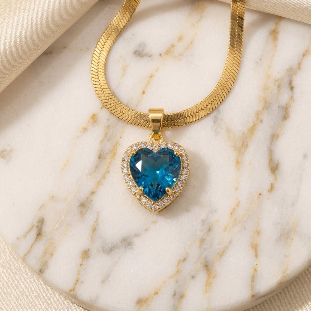 Blue Emerald Heart Pendant | Floral Petal Necklace