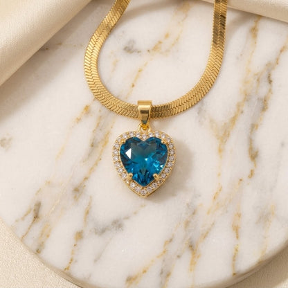 Blue Emerald Heart Pendant | Floral Petal Necklace