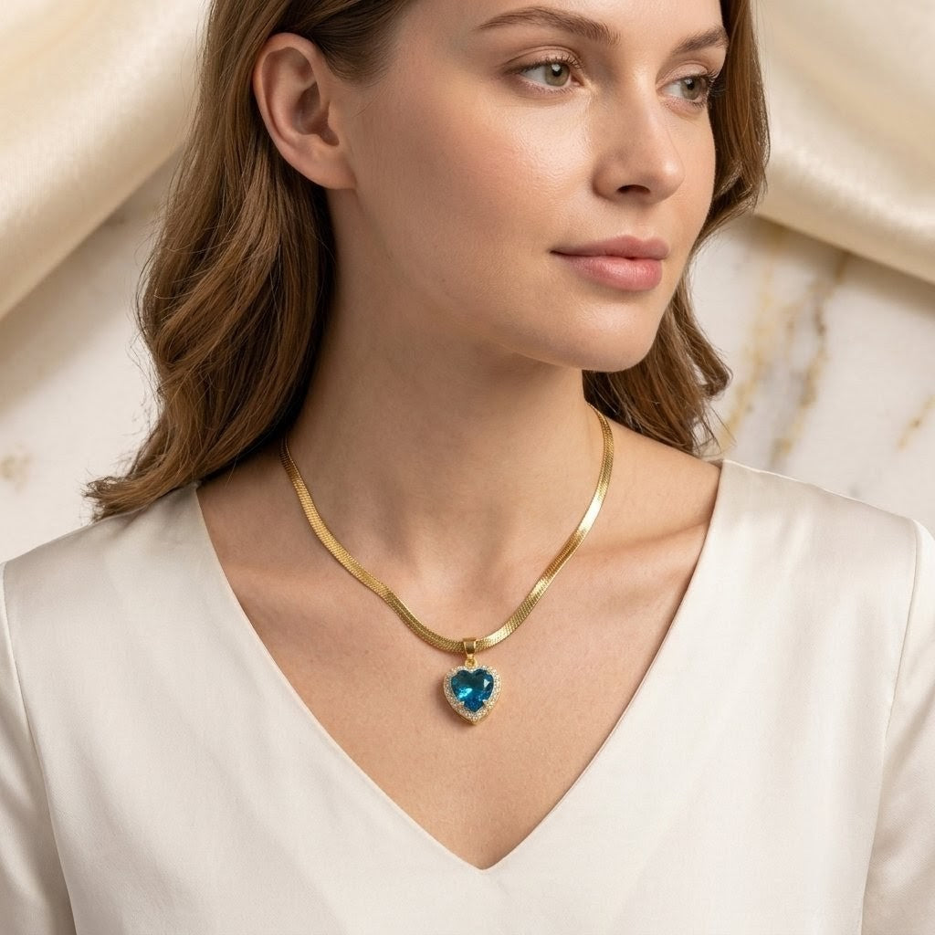 Blue Emerald Heart Pendant | Floral Petal Necklace