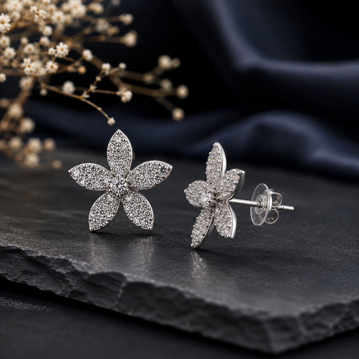 Sparkle Petal Stud Earrings | Floral Crystal Post Earrings