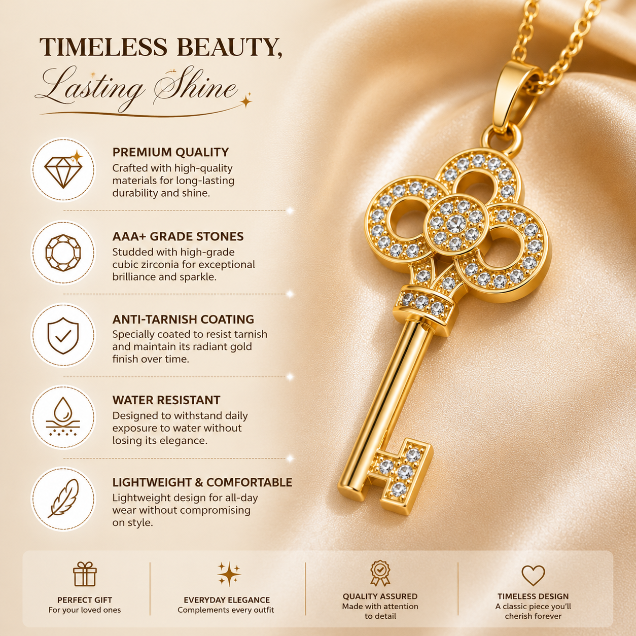 Crystal Key Pendant Necklace for Women | Elegant Sparkling Jewelry