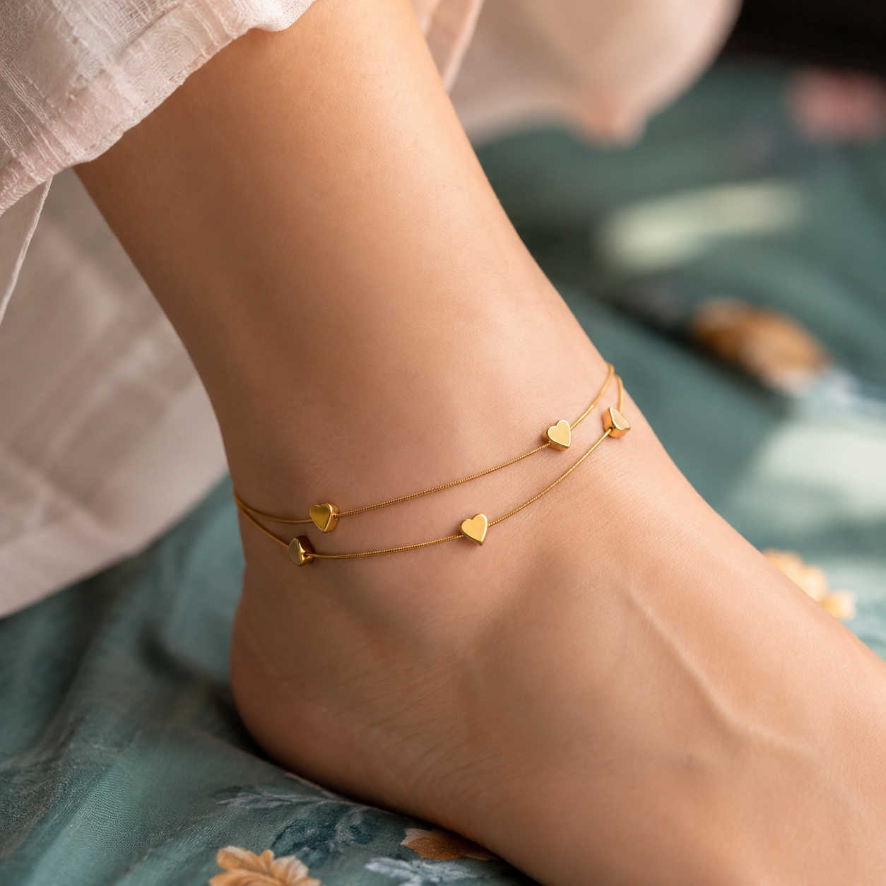 Double-Layered Golden Heart Chain Anklet for Women | Elegant Fashion Jewelry