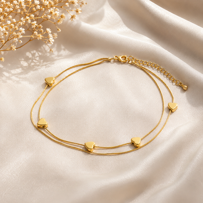 Double-Layered Golden Heart Chain Anklet for Women | Elegant Fashion Jewelry