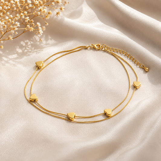 Double-Layered Golden Heart Chain Anklet for Women | Elegant Fashion Jewelry
