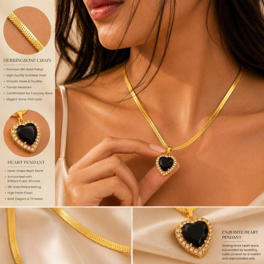 Black Emerald Heart Pendant | Floral Petal