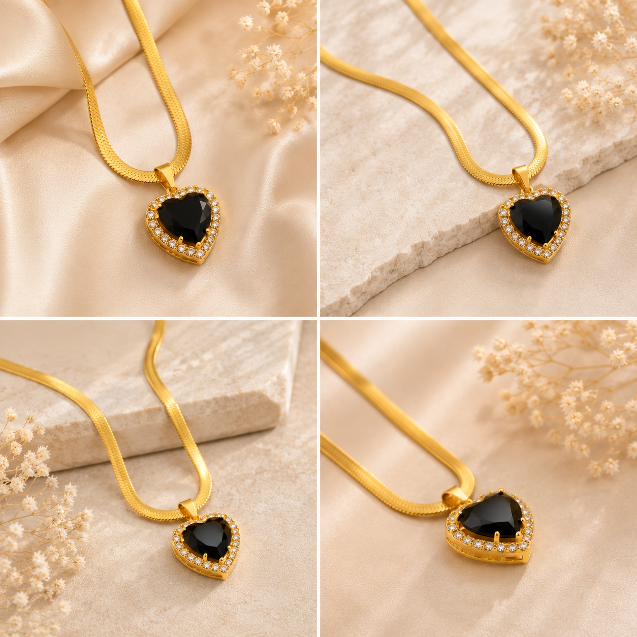 Black Emerald Heart Pendant | Floral Petal