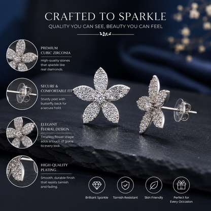 Sparkle Petal Stud Earrings | Floral Crystal Post Earrings