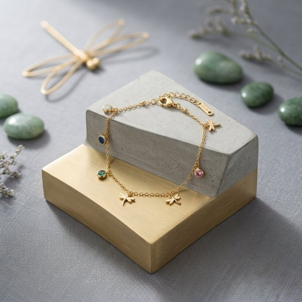 Dragonfly Meadow Bracelet - Delicate Charm Bangle - Floral Petal