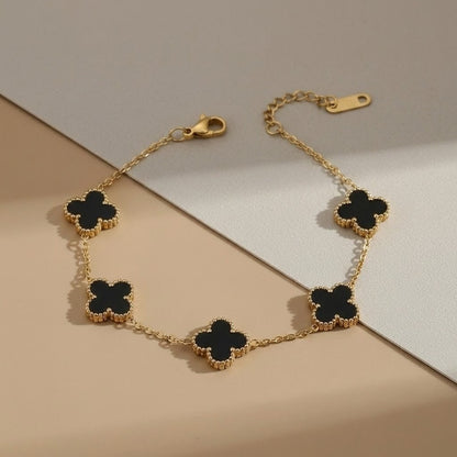 Onyx Clover Bracelet - Lucky Four Leaf Charm | Floral Petal