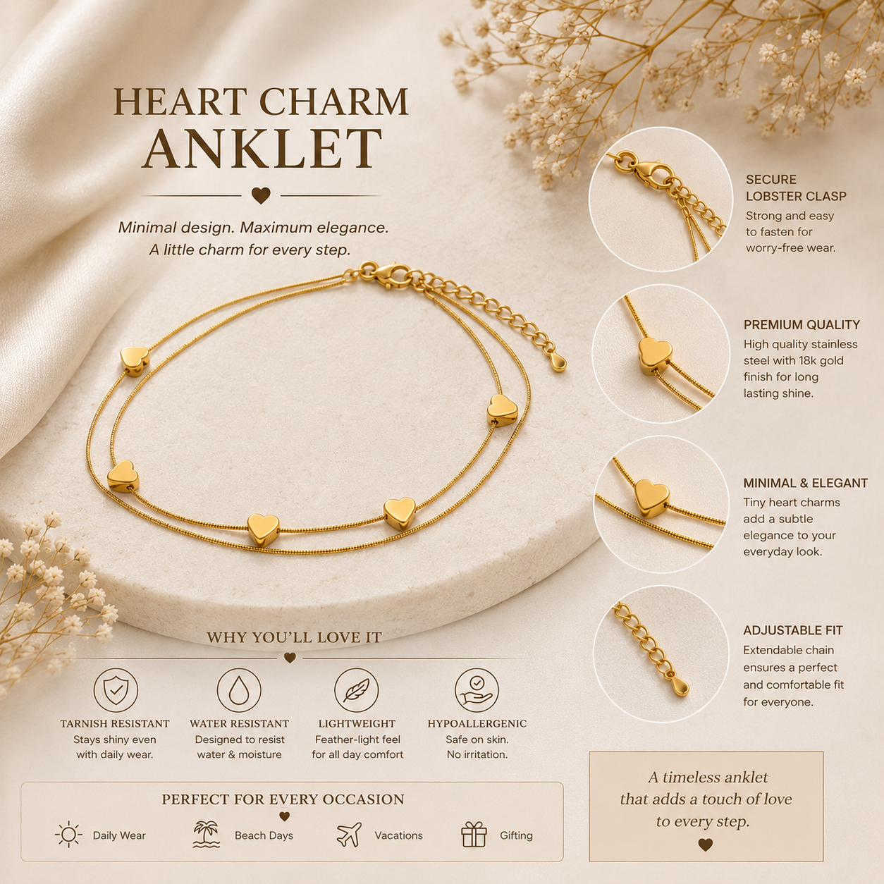 Double-Layered Golden Heart Chain Anklet for Women | Elegant Fashion Jewelry