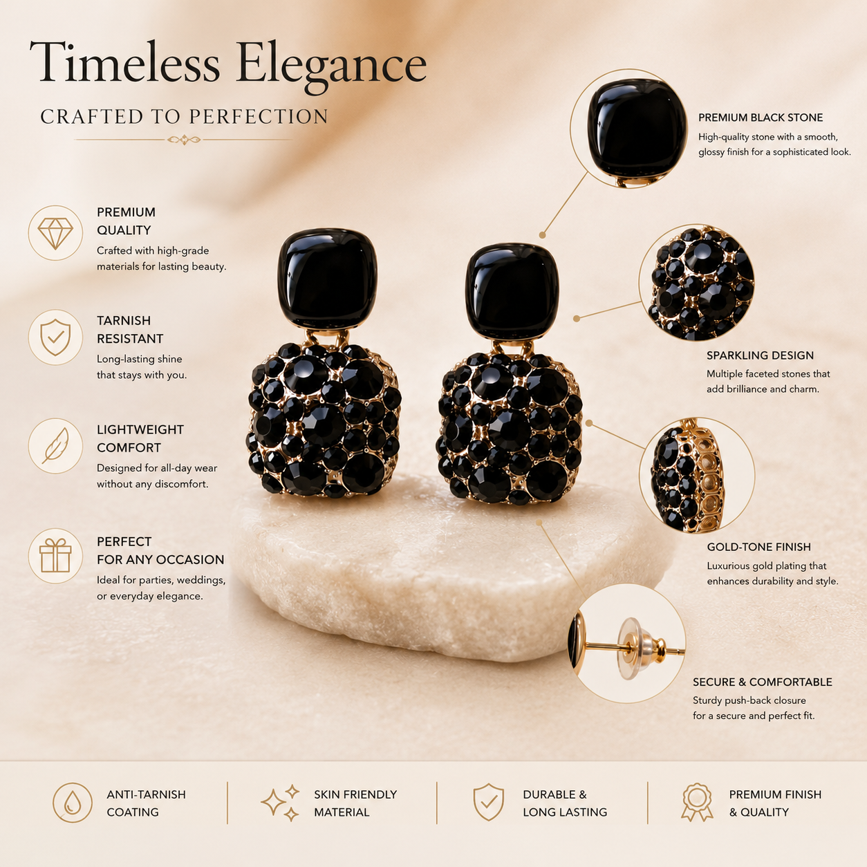 Black Crystal Drop Earrings | Gothic Elegance Dangle Earrings