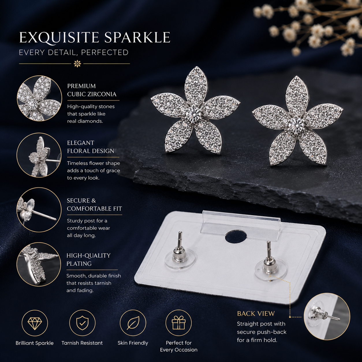 Sparkle Petal Stud Earrings | Floral Crystal Post Earrings