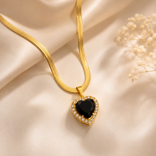 Black Emerald Heart Pendant | Floral Petal