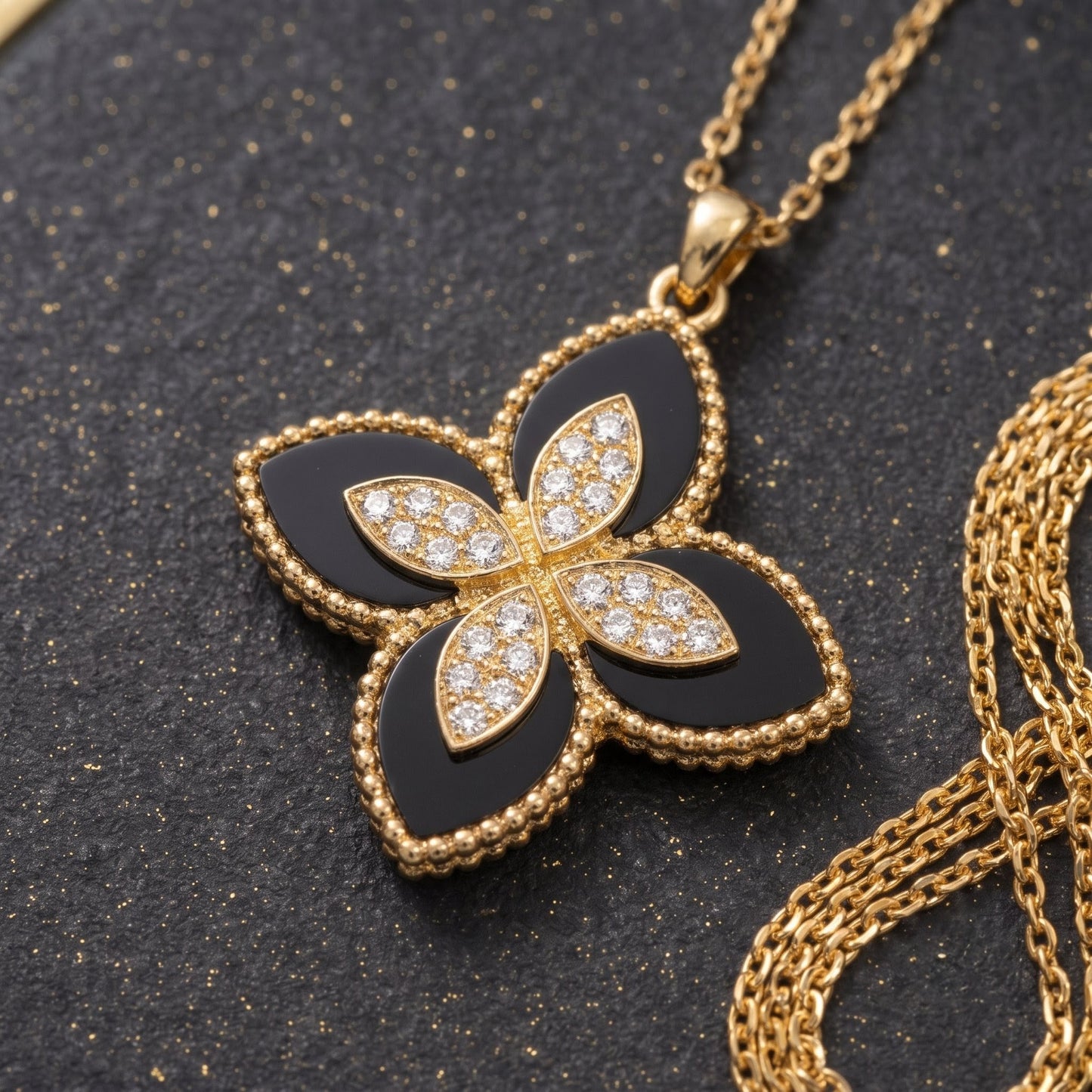 Black Orchid Pendant | Floral Petal Golden Necklace