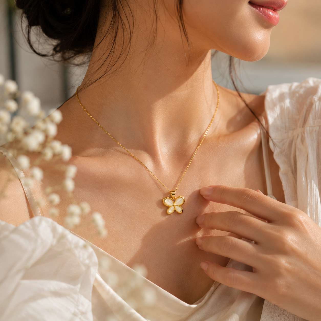 Gold Inlay Butterfly Pendant | Floral Petal