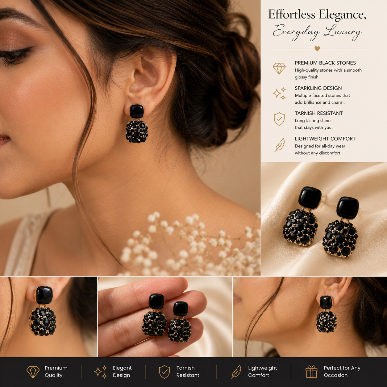 Black Crystal Drop Earrings | Gothic Elegance Dangle Earrings