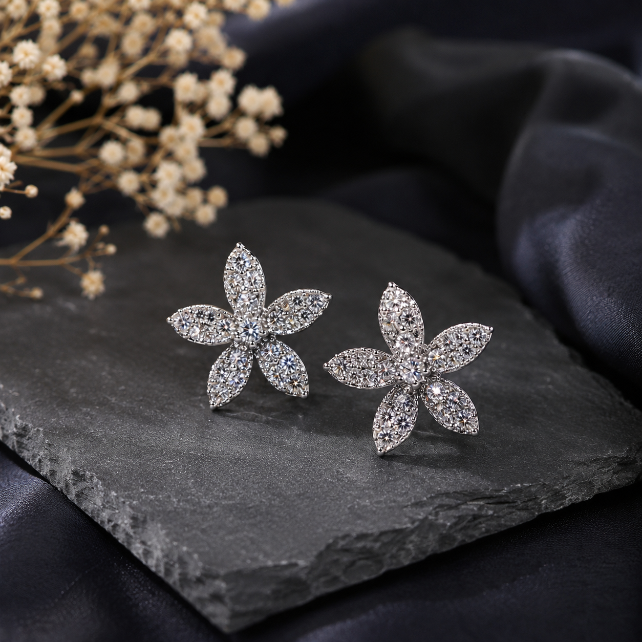 Sparkle Petal Stud Earrings | Floral Crystal Post Earrings