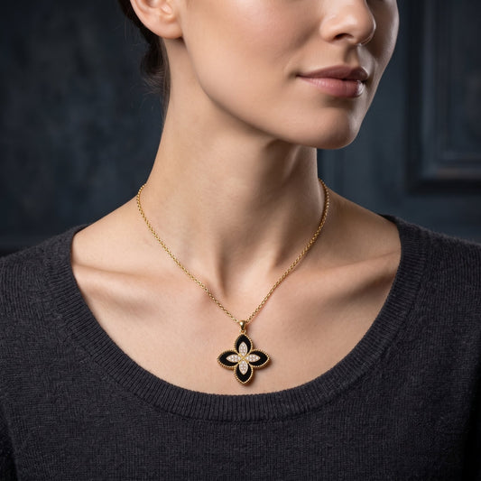 Black Orchid Pendant | Floral Petal Golden Necklace