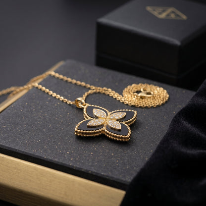 Black Orchid Pendant | Floral Petal Golden Necklace