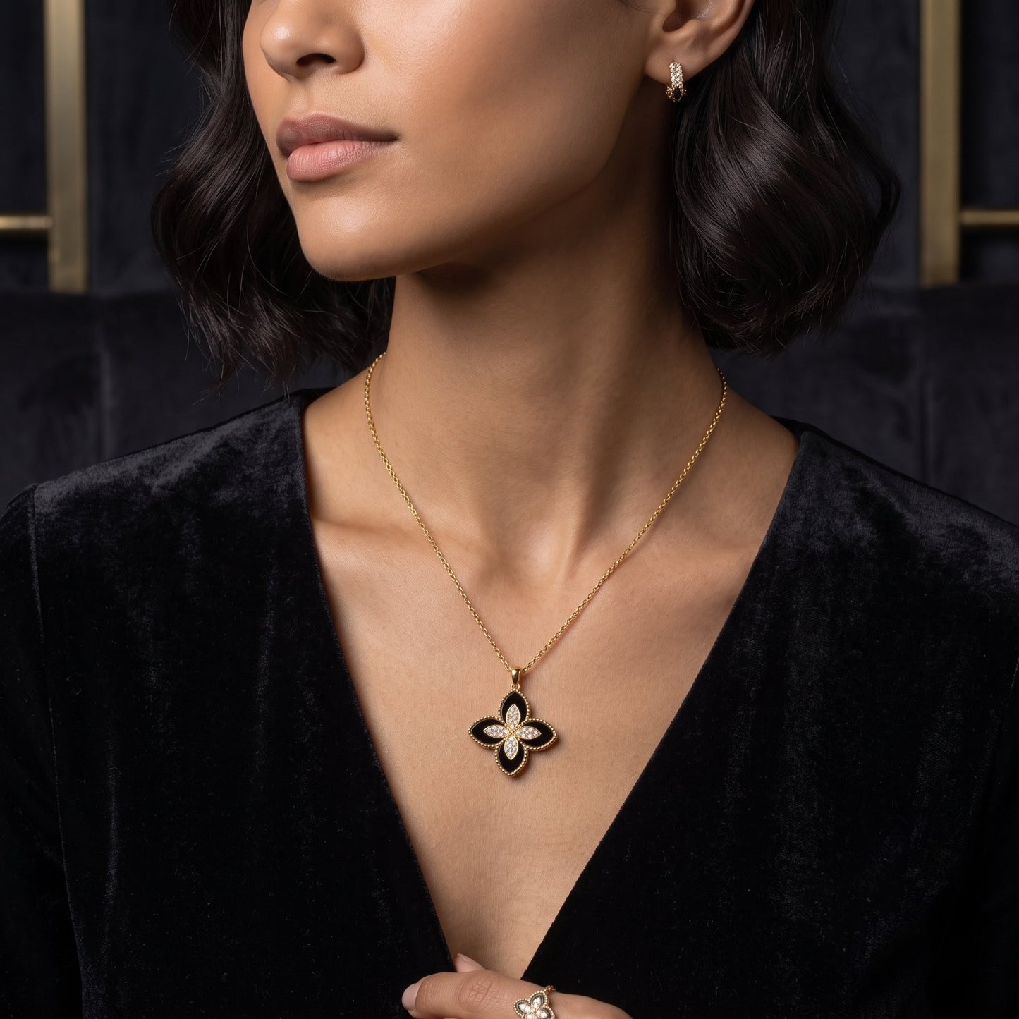 Black Orchid Pendant | Floral Petal Golden Necklace