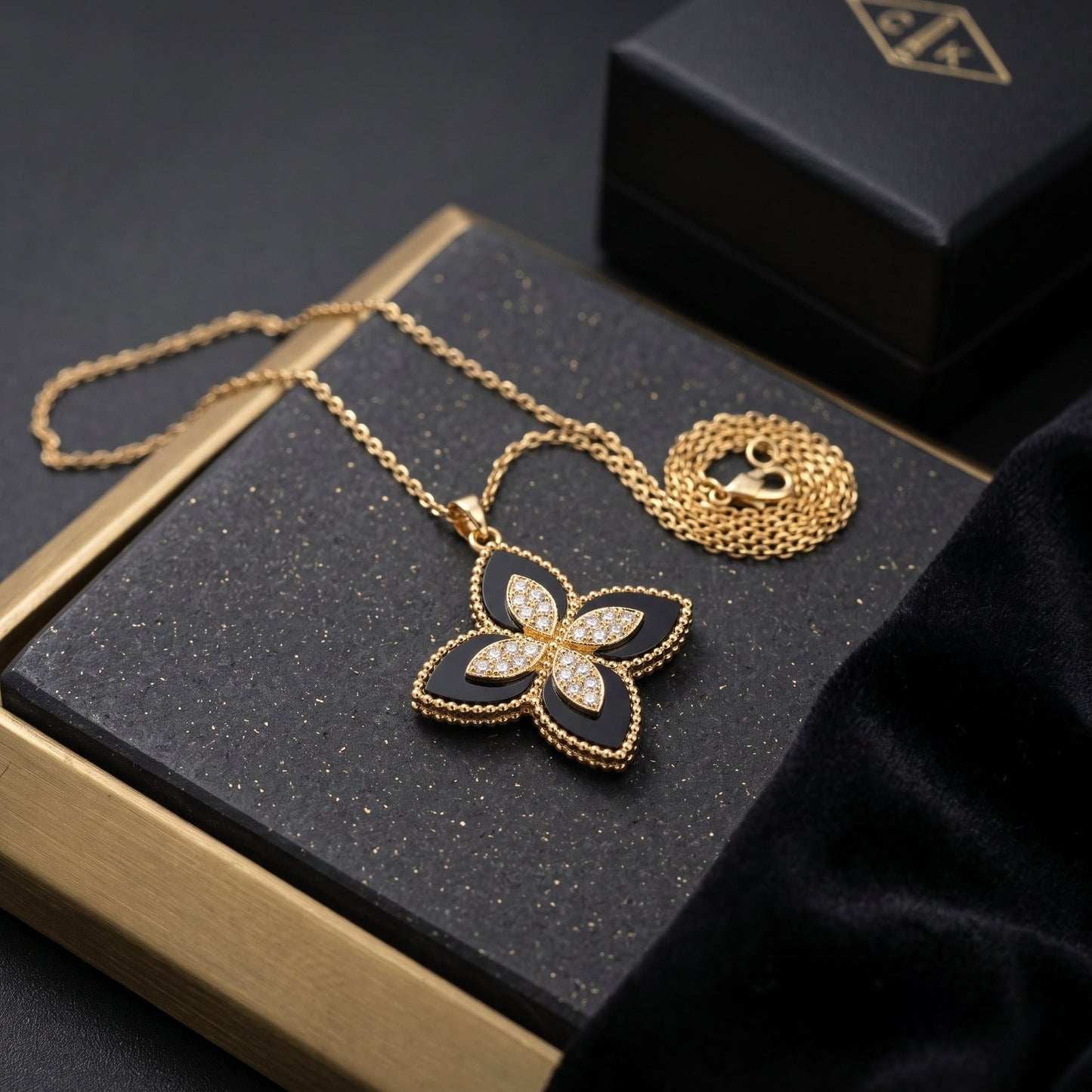 Black Orchid Pendant | Floral Petal Golden Necklace